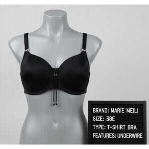 Marie Meili 38E Bra Black T-Shirt Underwire Beaded Tie Detail Smooth Full Cup